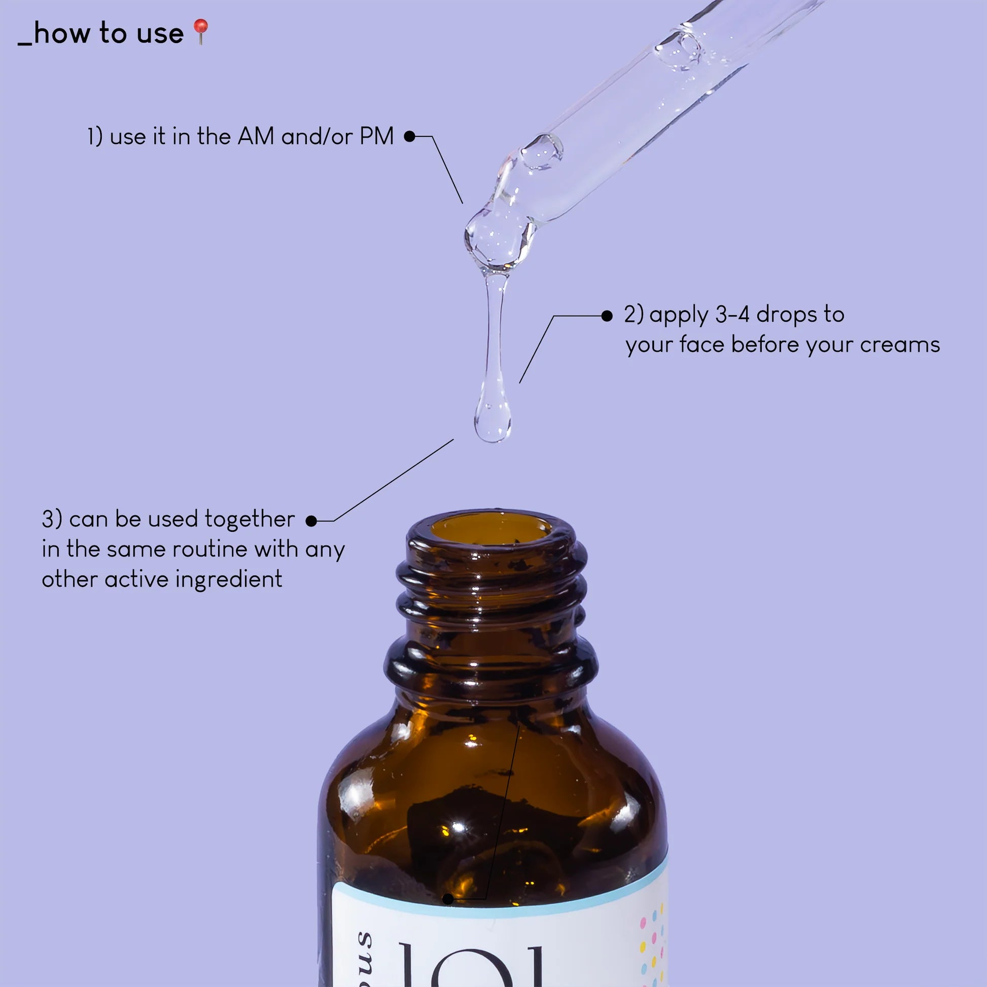 Brown glass dropper bottle with label on a purple background, showing how to use the product - Geek & Gorgeous 101 aPAD