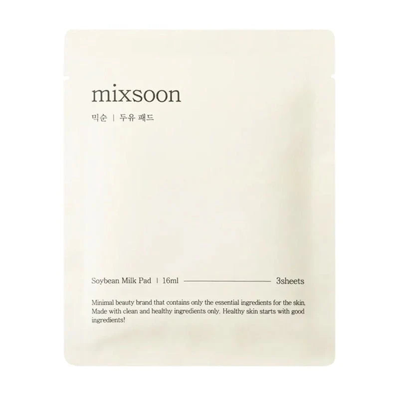 A single-use skincare pouch for Mixsoon Soybean Milk Pad, 16ml, containing 3 sheets, shown on a clean white background.