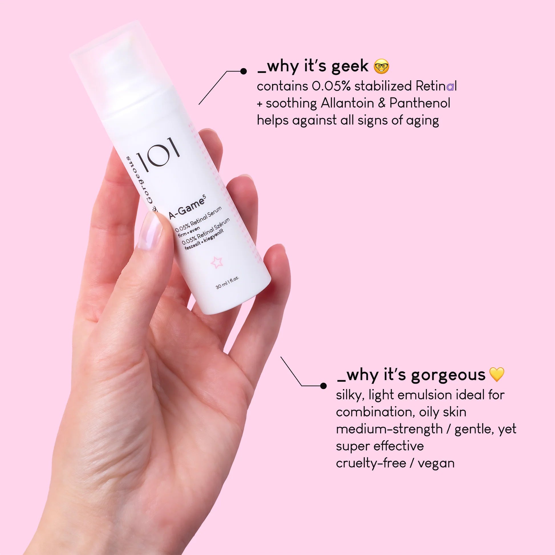 Hand holding a skincare product with text on a pink background - Geek & Gorgeous 101 - A-Game 5