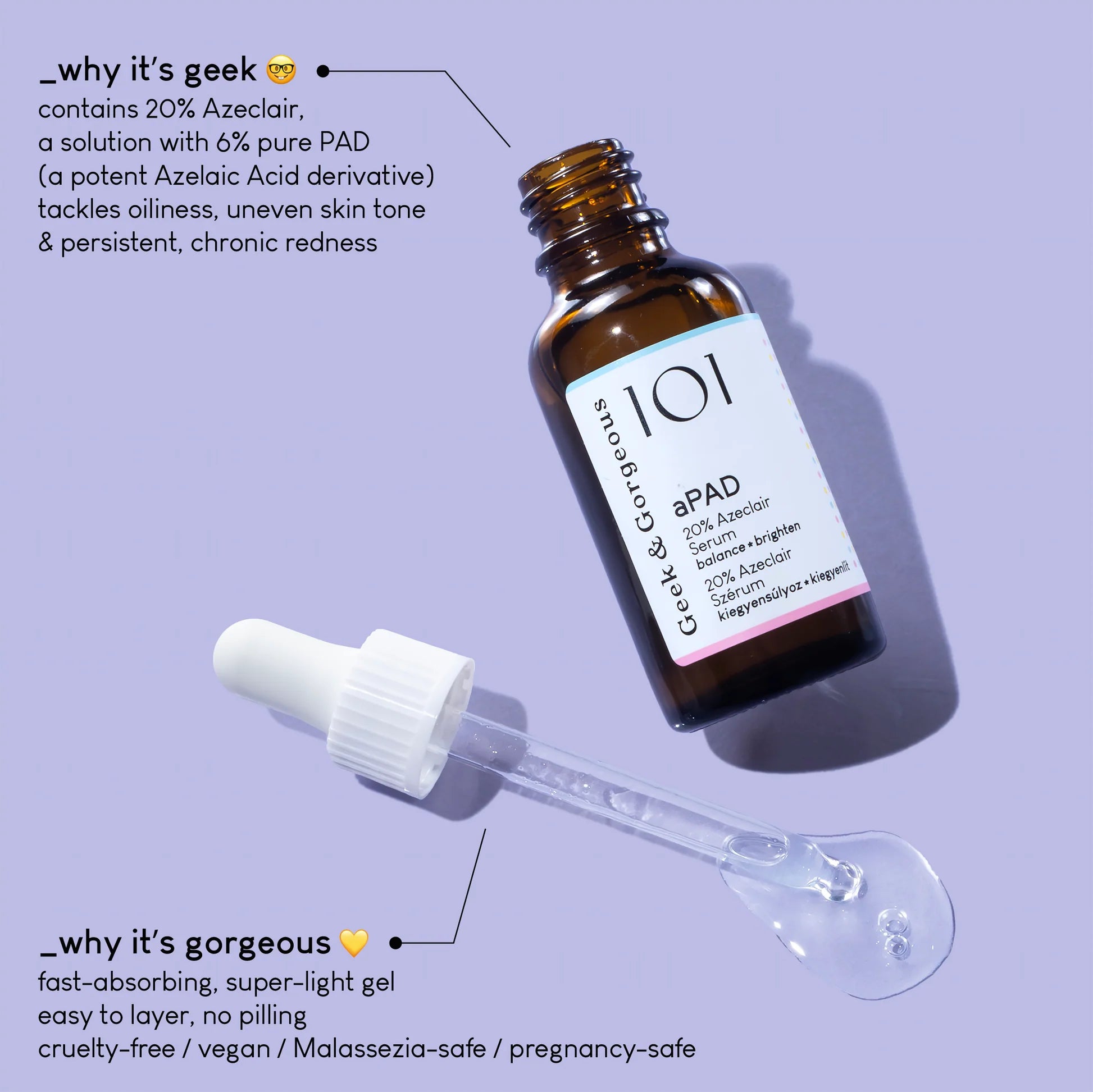 Brown glass bottle with dropper labeled '101' on a purple background - Geek & Gorgeous 101
aPAD
