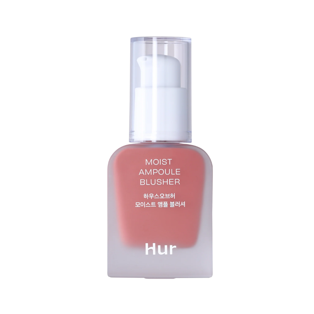A bottle of Hur Moist Ampoule Blusher in a dusty rose pink shade, featuring a frosted glass bottle, white pump dispenser, and clear cap, set against a solid white background.