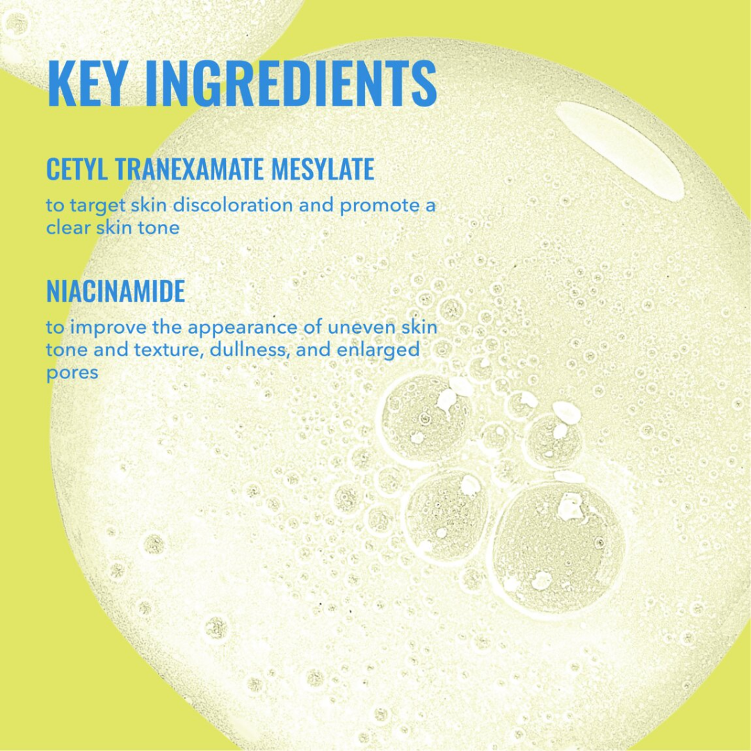 A skincare infographic with a pale yellow-green background and a large frothy cream product bubble. Blue text reads 'KEY INGREDIENTS' and lists 'CETYL TRANEXAMATE MESYLATE' and 'NIACINAMIDE' with benefits for skin discoloration and uneven skin tone.