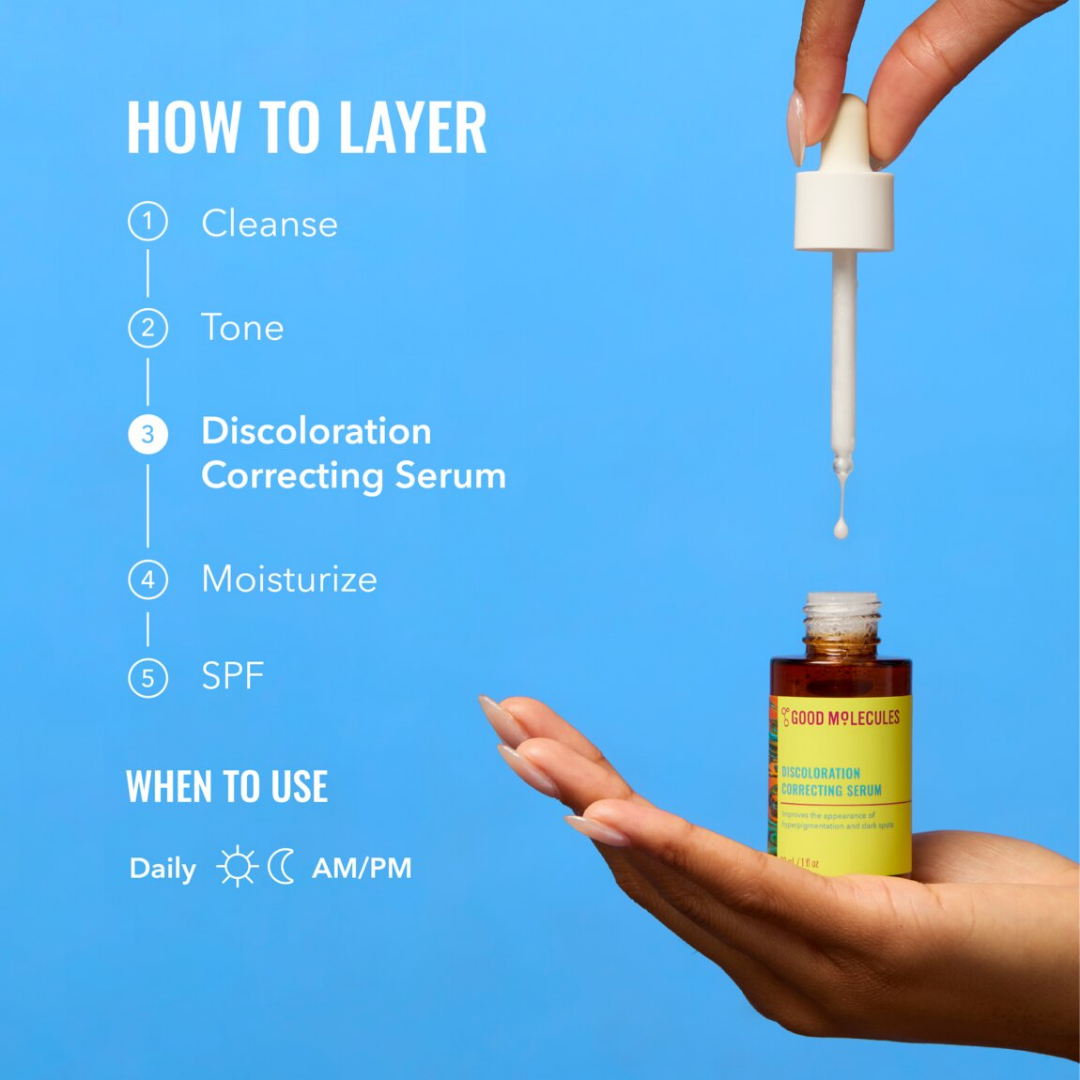Discoloration correcting serum being applied with a dropper, against a blue background with text on how to layer and when to use.