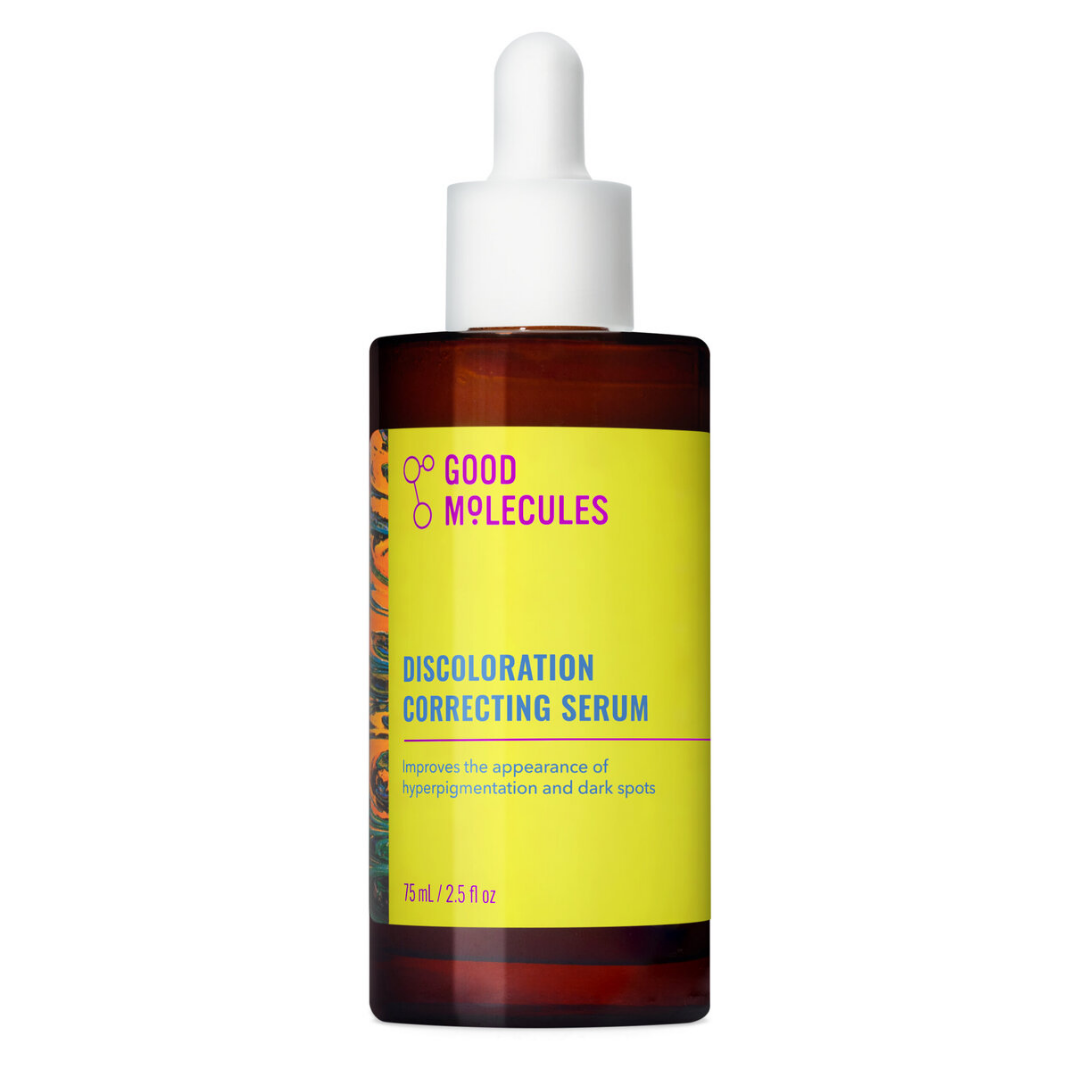A bottle of Good Molecules Discoloration Correcting Serum with a bright yellow label, amber brown glass bottle, and white dropper cap, shown on a plain white background.