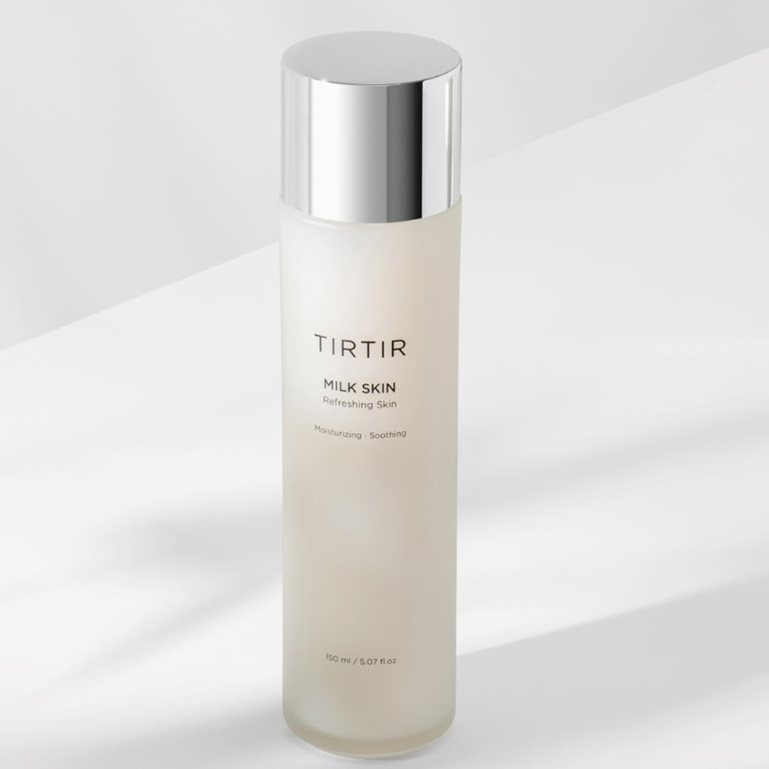A bottle of Tirtir Milk Skin Toner with a capacity of 150ml. The bottle is white with a silver cap and the product name is printed on the front.