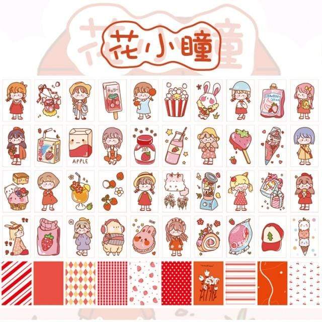 50 Sheets Adorable Cartoon Stickers Decorative Stickers Strawberry Girl - Lady Bonita