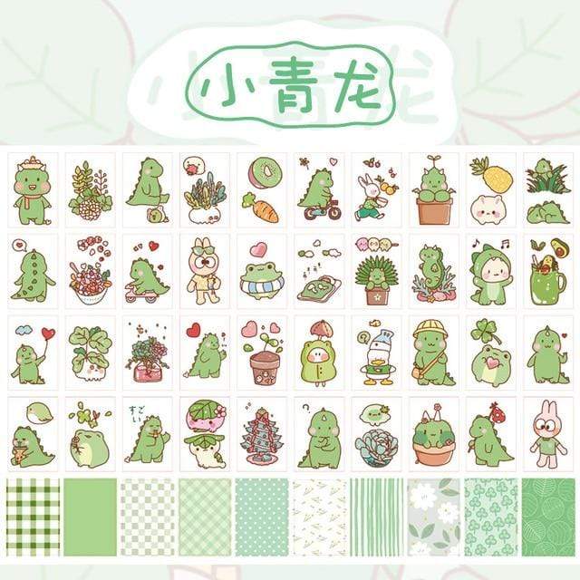 50 Sheets Adorable Cartoon Stickers Decorative Stickers Green Dino - Lady Bonita